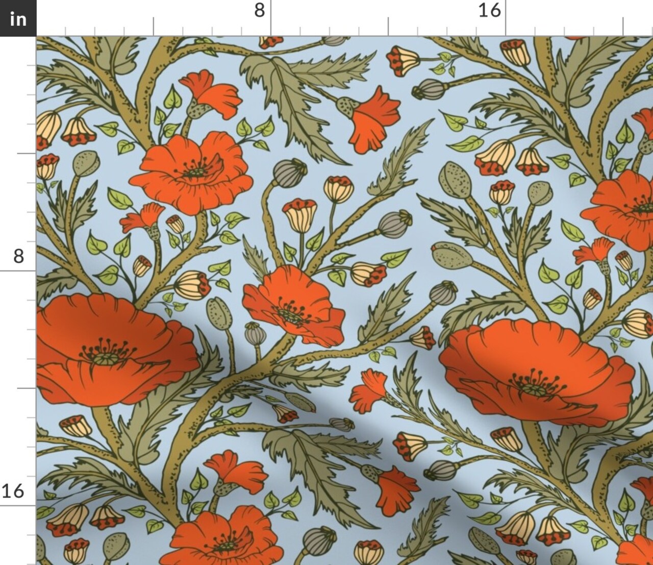 Red Poppies Blue Green Hand Drawn Floral Vines Custom Printed Fabric by Spoonflower Various Fabrics by the Yard or Fat Quarter